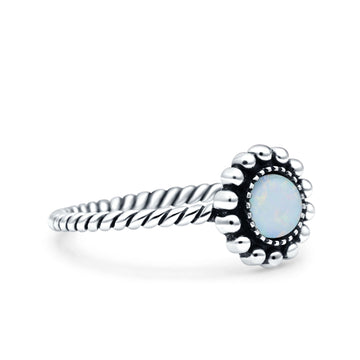 Petite Dainty Rope Vintage Style Lab Opal Ring Solid Oval Oxidized Lab Created White Opal 925 Sterling Silver